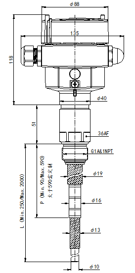 Cape-11A通用型射频导纳料位开关尺寸图