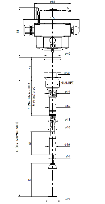 Cape-11R缆绳型射频导纳料位开关尺寸图